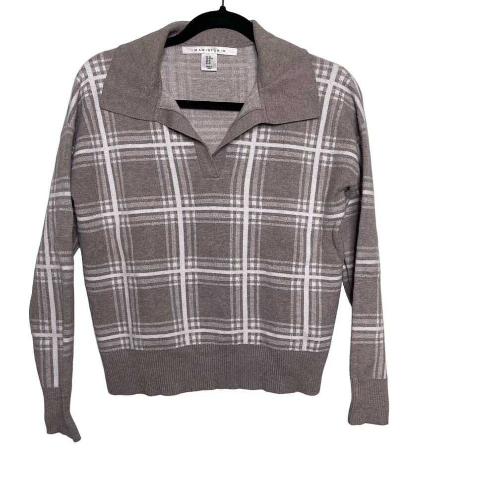 Max Studio Plaid Sweater Knitted Collared Pullover Long Sleeve Brown White‎ M